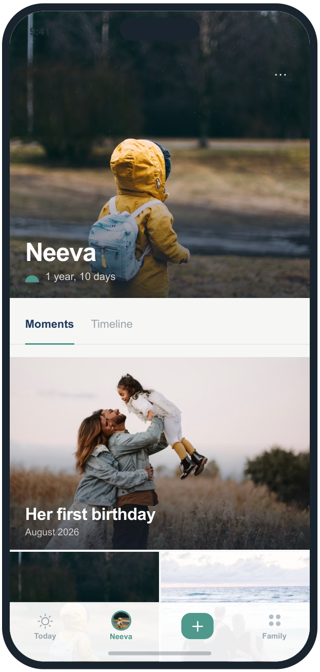 Neezo app design reference: a child's profile with moments and timeline