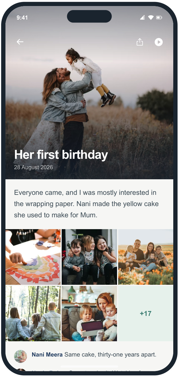 Neezo app design reference: a saved moment with its story and photos