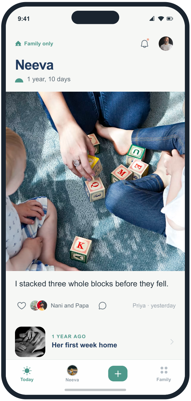 Neezo app design reference: today's moment with a family comment