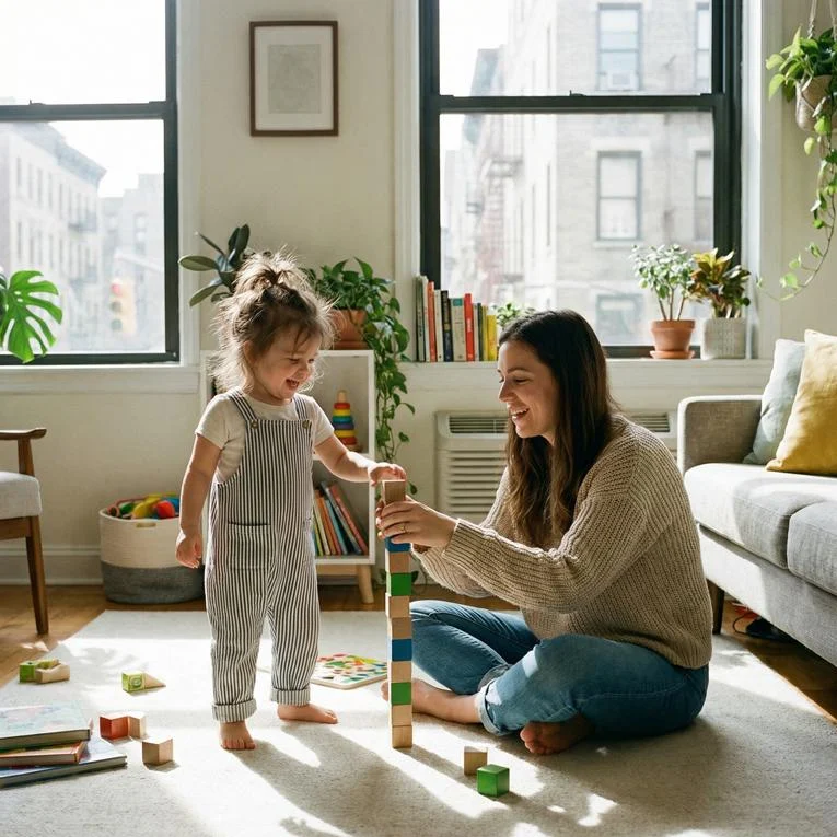 A parent and child reading together on a sofa